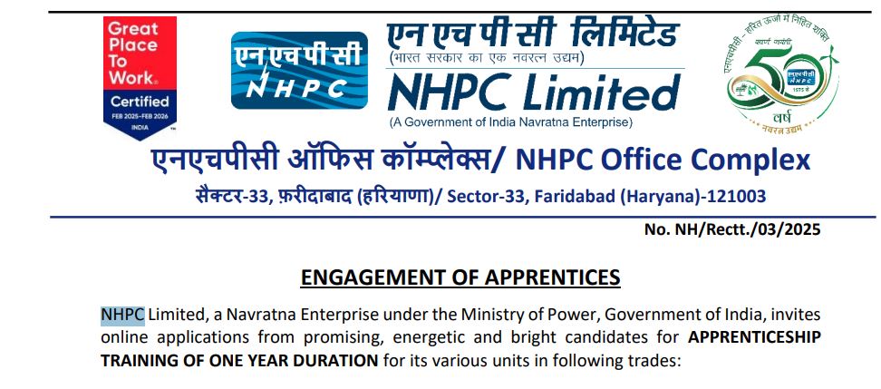 NHPC Apprentices Recruitment 2025 Official Notification